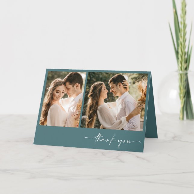 Emerald Grönt Two Photo Elegant bröllop Tack (Framsida)