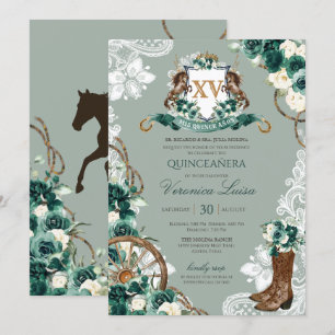 Emerald Grönt Vapensköld Western Charro Quinceaner Inbjudningar