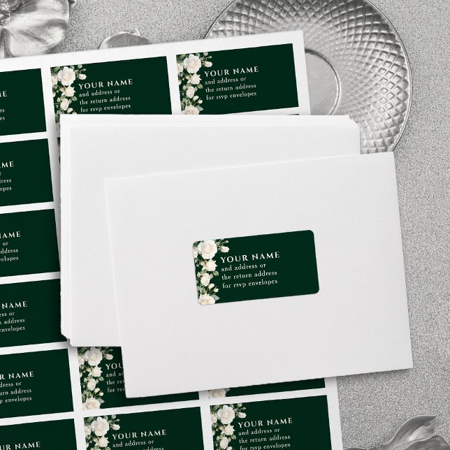 Emerald Grönt Vit ros OSA  EnKue Adress Adressetikett (Address Labels - perfect for RSVP envelopes - from Princess Dress and Roses Quinceanera Collection)