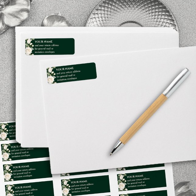 Emerald Grönt Vit ros Returadress Returadress Etikett (Return Address Labels from the Princess Dress and Roses Quinceanera Collection by Darling & May)