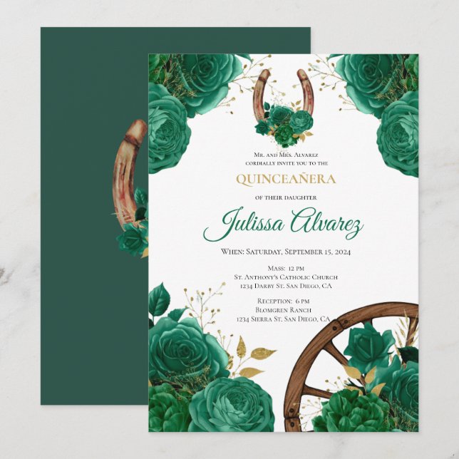 Emerald Grönt Western Quinceanera Inbjudan (Fram/baksida)