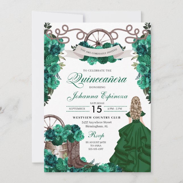Emerald Grönt Western Ranchero Quinceanera Inbjudningar (Framsida)