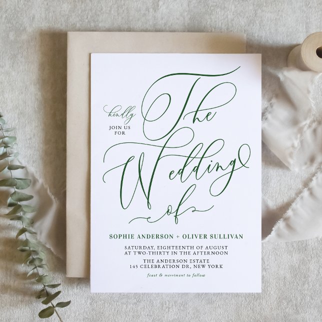 Emerald Grönt Whimsical Calligraphy Bröllop Inbjudningar (Emerald Green Whimsical Calligraphy Wedding Invitation)