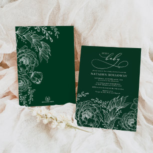 Emerald Grönt White Botanical Blommigt Baby Shower Inbjudningar