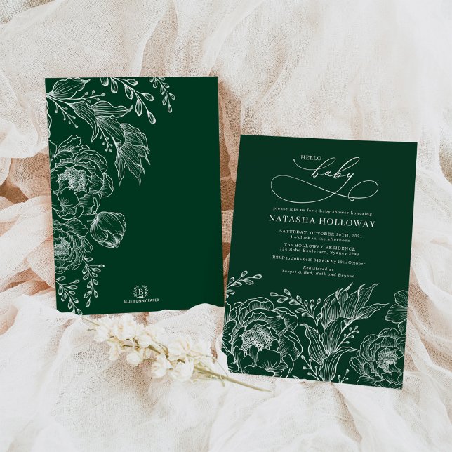 Emerald Grönt White Botanical Blommigt Baby Shower Inbjudningar (Skapare uppladdad)