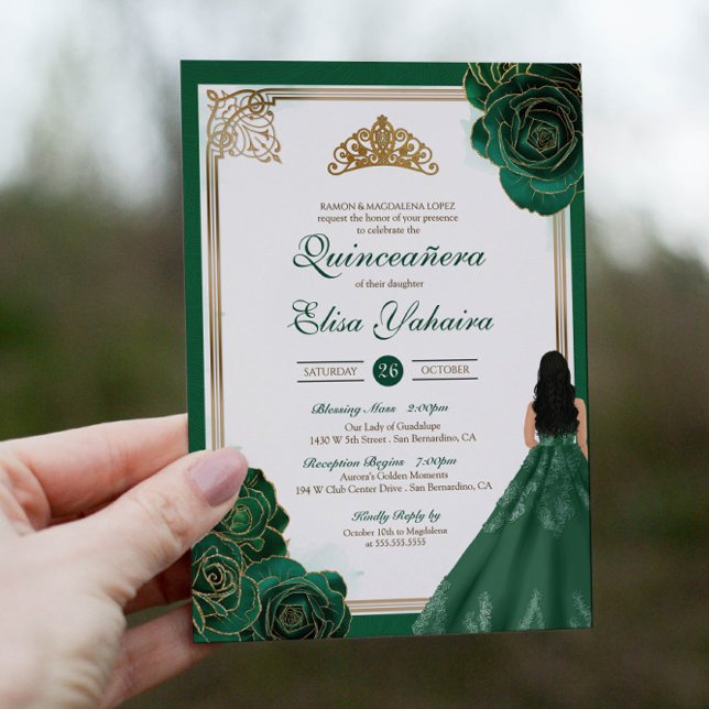 Emerald Grönt White Guld Ro Royal Quinceanera Inbjudningar (Skapare uppladdad)