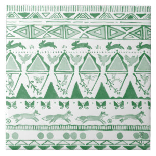 Emerald Grönt White Ikat Woodland Animal Mönster Kakelplatta