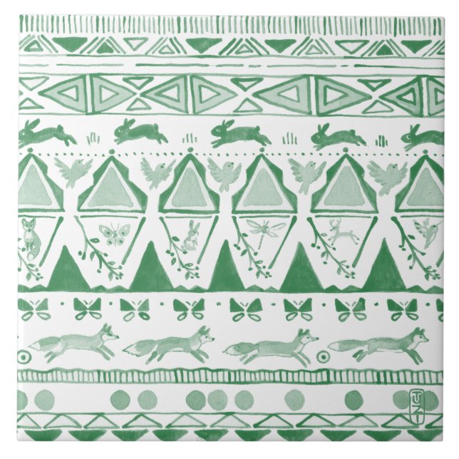 Emerald Grönt White Ikat Woodland Animal Mönster Kakelplatta (Framsidan)