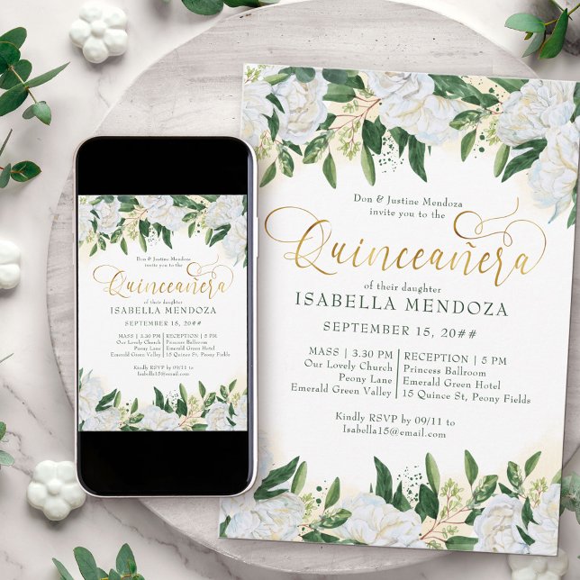 Emerald Grönt White Peony Quinceanera och Mass Inbjudningar (Quinceanera Invite with Church Blessing from my Emerald Greenery and White Peony Collection)