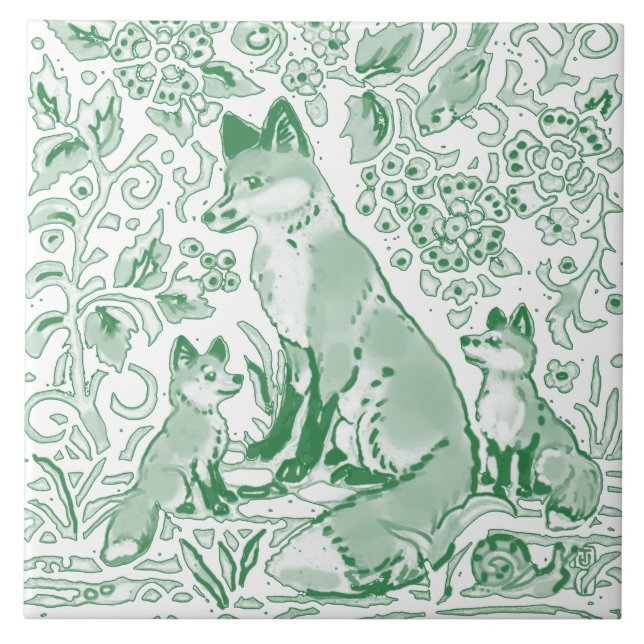 Emerald Grönt White Woodland Cute Fox Intricate Kakelplatta (Framsidan)