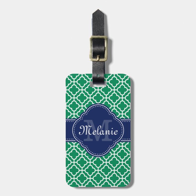 Emerald Grönt Wht Moroccan Mönster marinmonogram Bagagebricka (Vertikal Framsida)