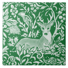 Emerald Grönt Woodland Animal Hjort Hedgehog Blomm Kakelplatta