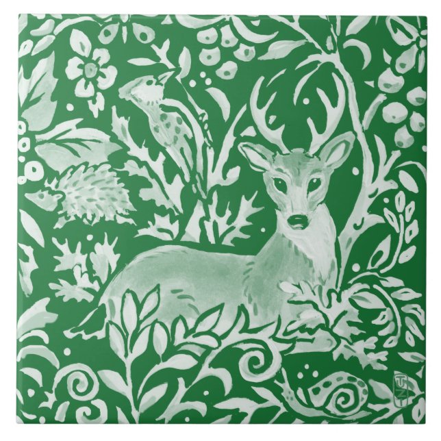 Emerald Grönt Woodland Animal Hjort Hedgehog Blomm Kakelplatta (Framsidan)