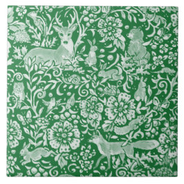 Emerald Grönt Woodland Animal Hjort Rabbit Blommig Kakelplatta