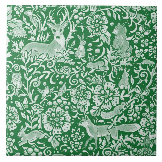 Emerald Grönt Woodland Animal Hjort Rabbit Blommig Kakelplatta (Framsidan)