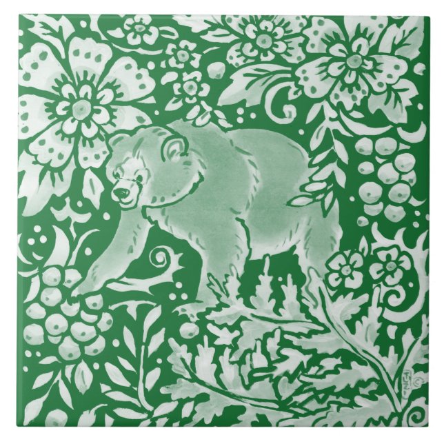 Emerald Grönt Woodland Bear Intricate Blommigt  Kakelplatta (Framsidan)