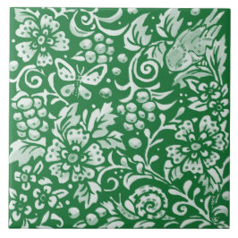 Emerald Grönt Woodland Bird Cute Intricate Blommig Kakelplatta