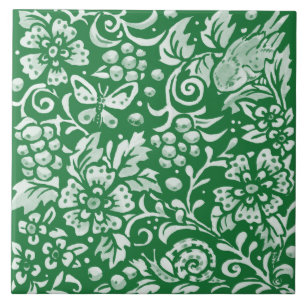 Emerald Grönt Woodland Bird Cute Intricate Blommig Kakelplatta