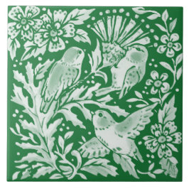 Emerald Grönt Woodland Bird Intricate Blommigt Art Kakelplatta