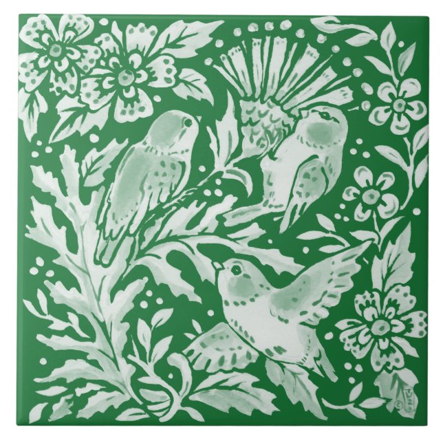 Emerald Grönt Woodland Bird Intricate Blommigt Art Kakelplatta (Framsidan)
