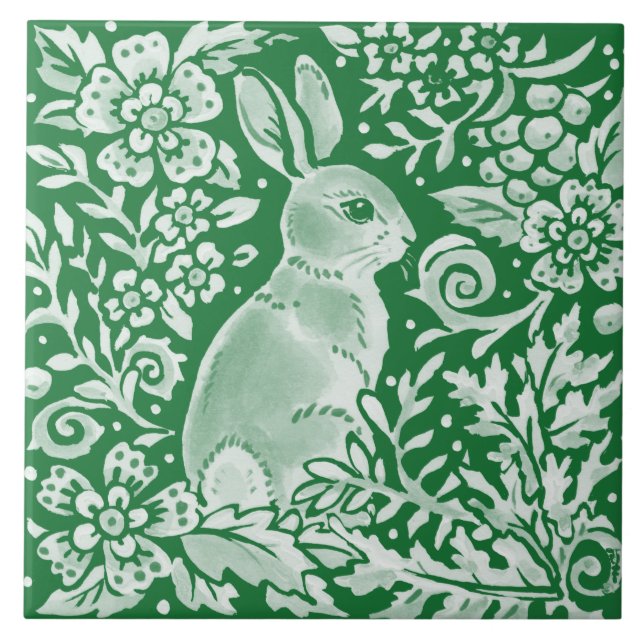 Emerald Grönt Woodland Bunny Rabbit Intricate Kakelplatta (Framsidan)