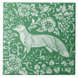 Emerald Grönt Woodland Cute Fox Intricate Blommigt Kakelplatta