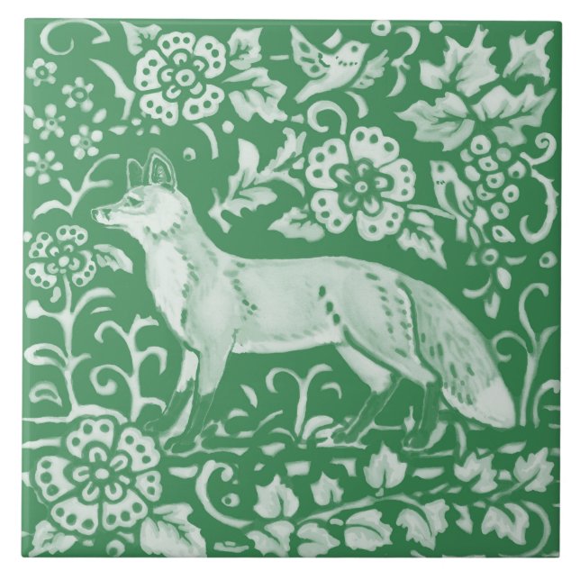 Emerald Grönt Woodland Cute Fox Intricate Blommigt Kakelplatta (Framsidan)