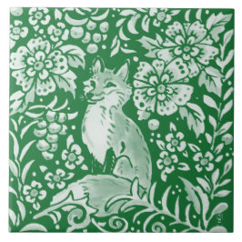 Emerald Grönt Woodland Cute Fox Intricate Blommigt Kakelplatta