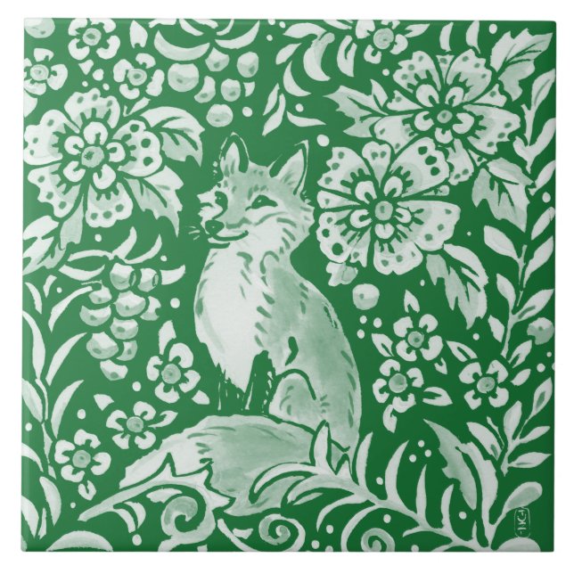 Emerald Grönt Woodland Cute Fox Intricate Blommigt Kakelplatta (Framsidan)