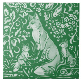 Emerald Grönt Woodland Cute Fox Intricate Blommigt Kakelplatta