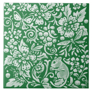 Emerald Grönt Woodland Garden Mouse Insekt Blommi Kakelplatta