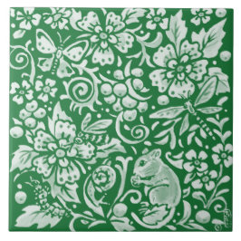 Emerald Grönt Woodland Garden Mouse Insekt Blommig Kakelplatta