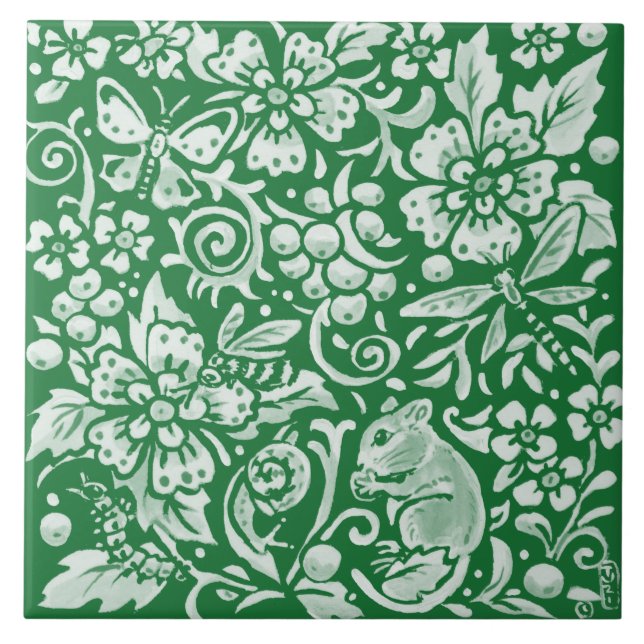 Emerald Grönt Woodland Garden Mouse Insekt Blommig Kakelplatta (Framsidan)