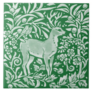 Emerald Grönt Woodland Hjort Birds Intricate Blom Kakelplatta