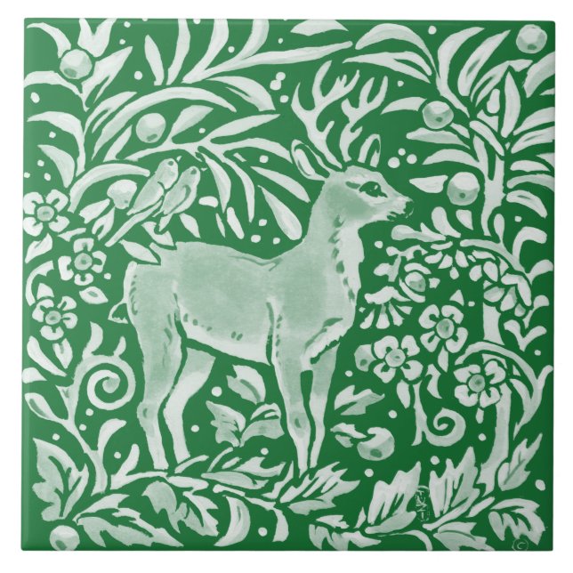 Emerald Grönt Woodland Hjort Birds Intricate Blomm Kakelplatta (Framsidan)