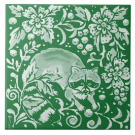 Emerald Grönt Woodland Raccoon Intricate Blommigt  Kakelplatta