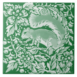 Emerald Grönt Woodland Squirrel Intricate Blommigt Kakelplatta