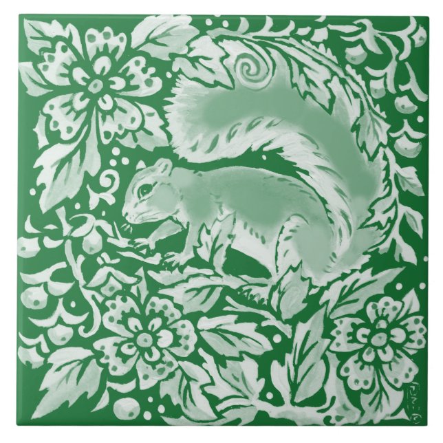 Emerald Grönt Woodland Squirrel Intricate Blommigt Kakelplatta (Framsidan)