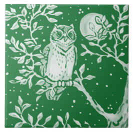 Emerald Grönt Woodland Uggla Träd Måne Night Scene Kakelplatta