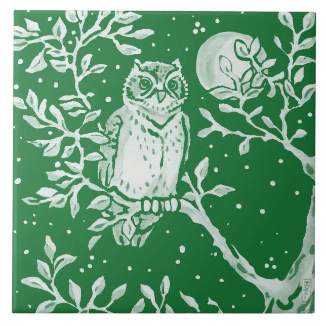 Emerald Grönt Woodland Uggla Träd Måne Night Scene Kakelplatta (Framsidan)