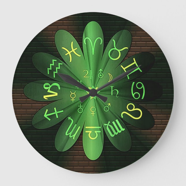 Emerald Grönt Zodiac Astrology Symbols Wall Clock Stor Klocka (Framsida)