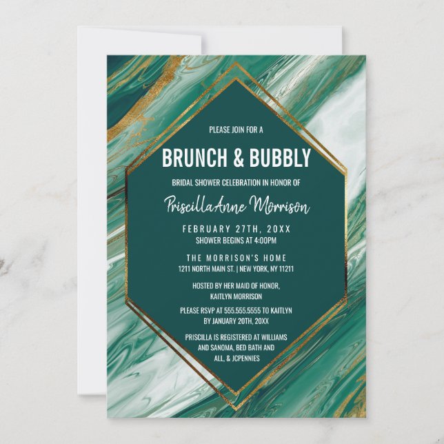 Emerald Guld Abstrakt Agate Marble Brunch BubLY Inbjudningar (Framsida)