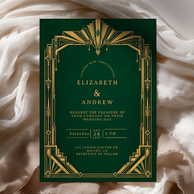 Emerald Guld Art Deco Bröllop Inbjudningar (Skapare uppladdad)