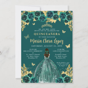 Emerald Guld Blommigt Butterfly Princess Quinceane Inbjudningar