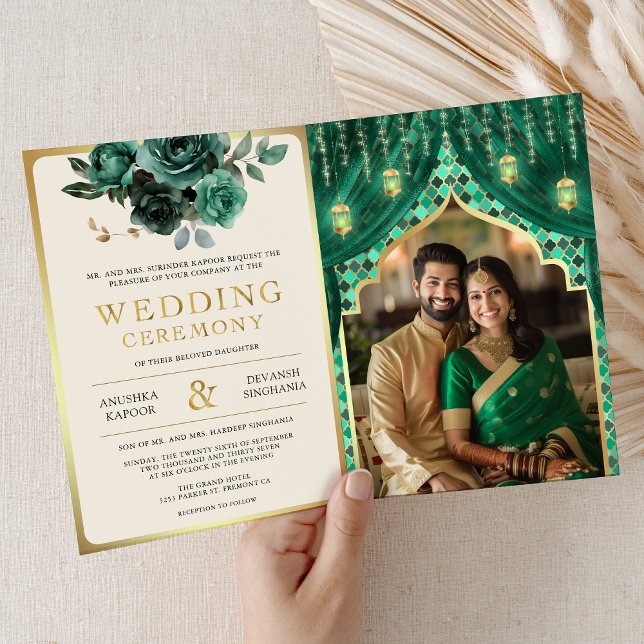 Emerald Guld Blommigt Curtain Indian Hindu Bröllop Inbjudan (Skapare uppladdad)