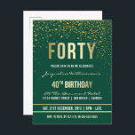 Emerald | Guld Confetti 40:e födelsedagen Party Inbjudan Vykort<br><div class="desc">Emerald | Guld Confetti 40:e födelsedagen Party-postkortsinbjudan. Denna formella,  elegant,  trendig,  moderna 40 födelsedagsfest inbjudan är lämplig för manar för kvinnor. Det omfattar guldrent linjer,  snyggt,  gutiska manus över fodral och sofistikerad faux guld-folie på en framväxande grönt med duschar med gnistrande,  skakande konfekt från guld och party.</div>
