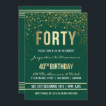 Emerald | Guld Confetti 40:e födelsedagen Party Inbjudningar<br><div class="desc">Emerald | Guld Konfetti 40:e födelsedagspartiets inbjudningar. Denna formella,  elegant,  trendig,  moderna 40 födelsedagsfest inbjudan är lämplig för manar för kvinnor. Det omfattar guldrent linjer,  snyggt,  gutiska manus över fodral och sofistikerad faux guld-folie på en framväxande grönt med duschar med gnistrande,  skakande konfekt från guld och party.</div>