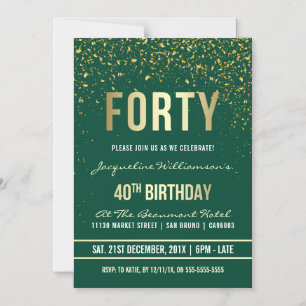 Emerald   Guld Confetti 40:e födelsedagen Party Magnetisk Inbjudningskort