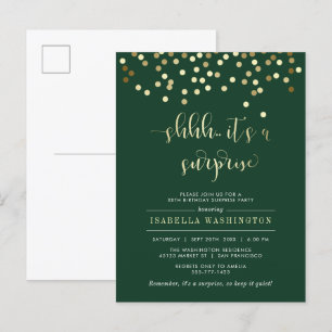 Emerald & Guld Confetti Surprise Födelsedagsfest Inbjudan Vykort