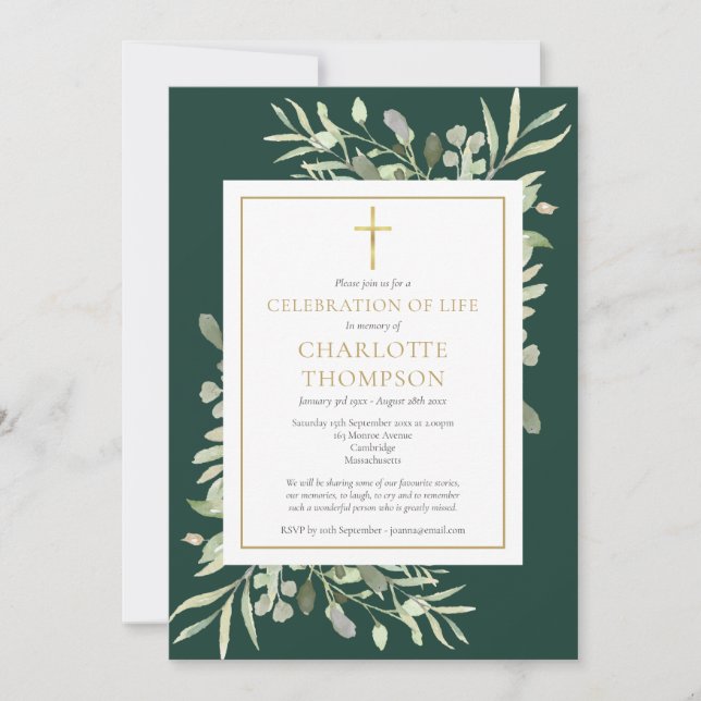 Emerald Guld Greenery Firande of Life Funeral Inbjudningar (Framsida)